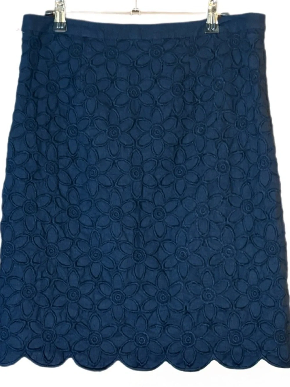 Talbots Navy Blue Embroidered Skirt Scalloped Hem Lined Size 8